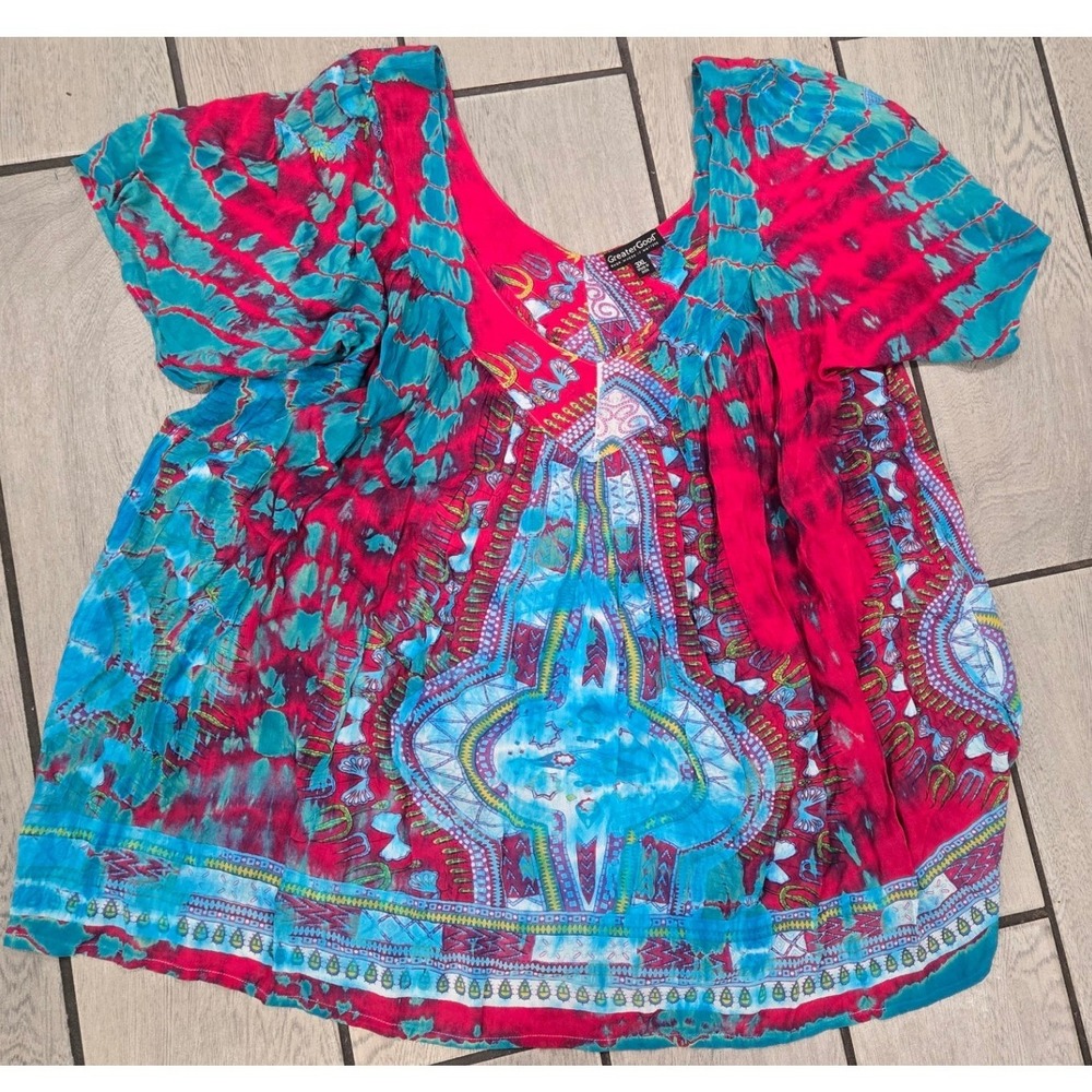 GreaterGood Pink Turquoise Tie Dye Medallion Rayon Boho Blouse 3XL